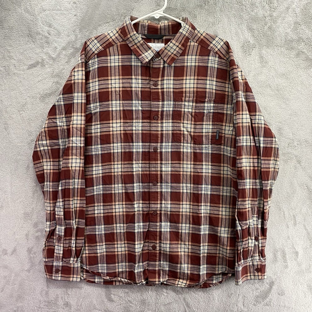 Columbia Burgundy Plaid Button Up Shirt Men's L Long Sleeve Outdoor